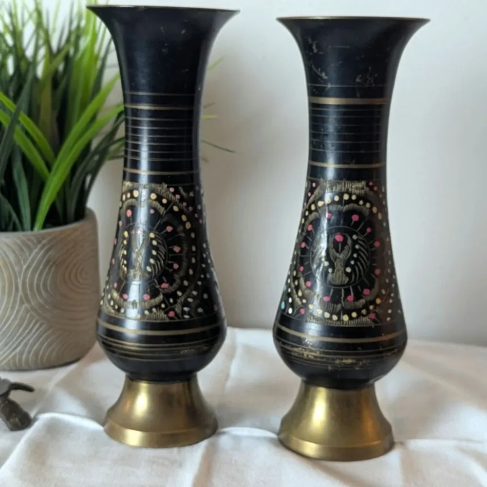 Vintage Etched Brass Vases |Black & Gold Boho Lotus Decor | Mid Century Pair